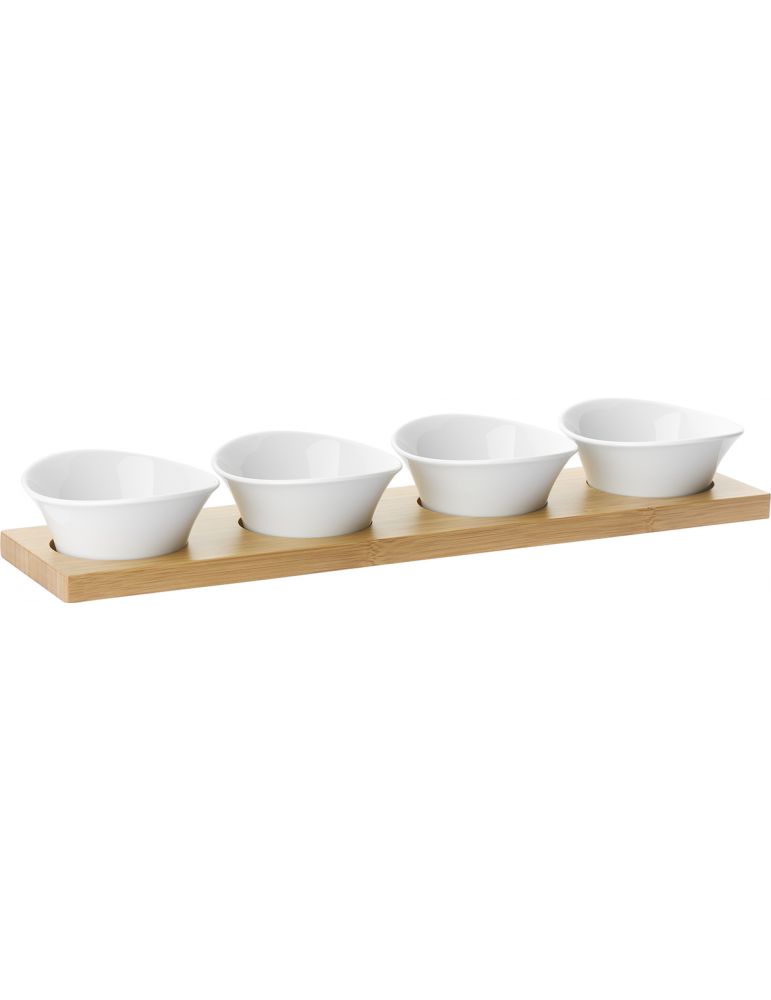 Komplet 4 porcelanowych miseczek na bambusowej desce przekąski dipy sosy