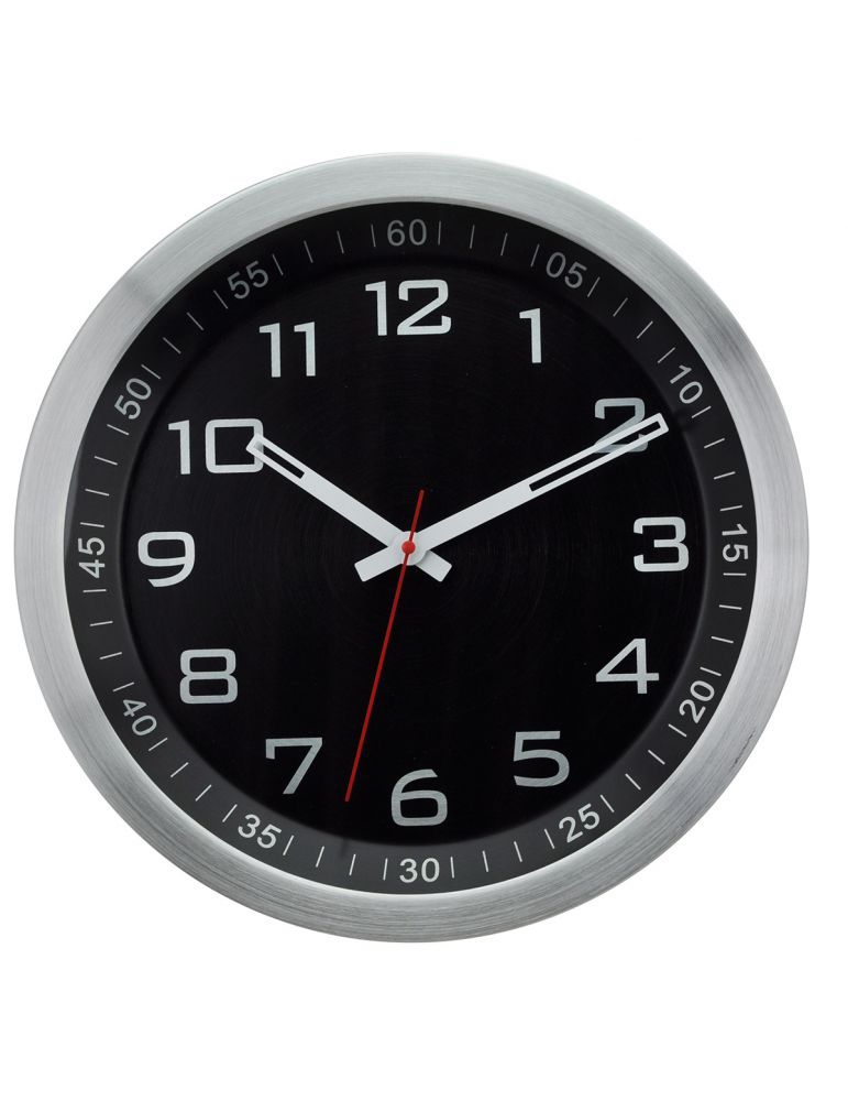 Ścienny zegar wiszący aluminiowy srebrny z czarną tarczą