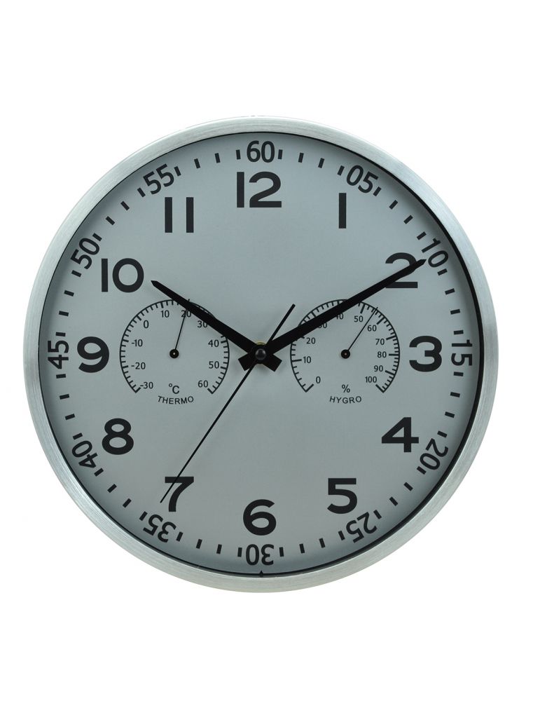 Aluminiowy zegar wiszący srebrny z termometrem i higrometrem
