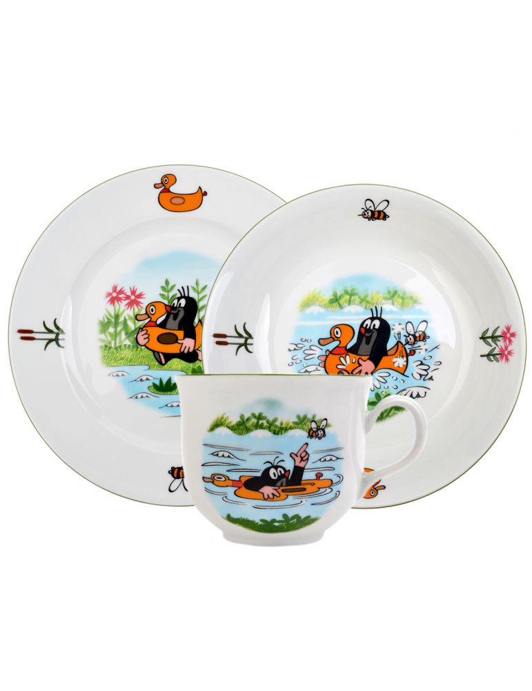 Krecik nad wodą oryginalny komplet obiadowy porcelany dziecięcej 3 elementy na licencji Zdenka Milera