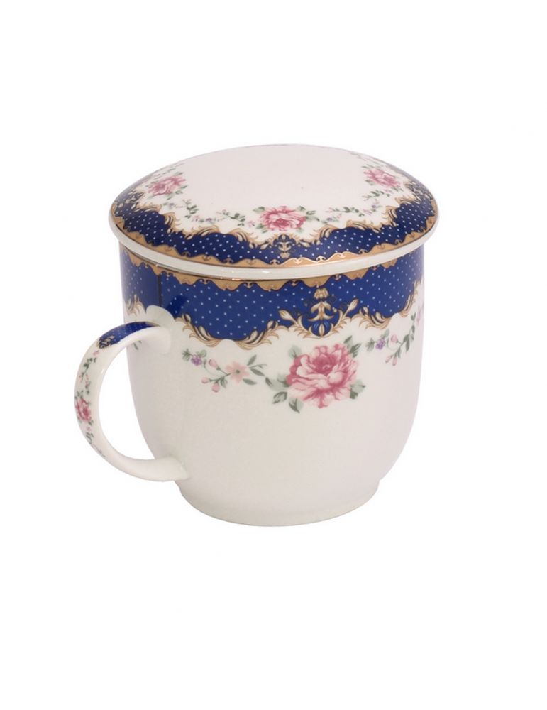 Kubek porcelanowy z filtrem do parzenia ziół, herbaty w kropeczki i kwiatki retro