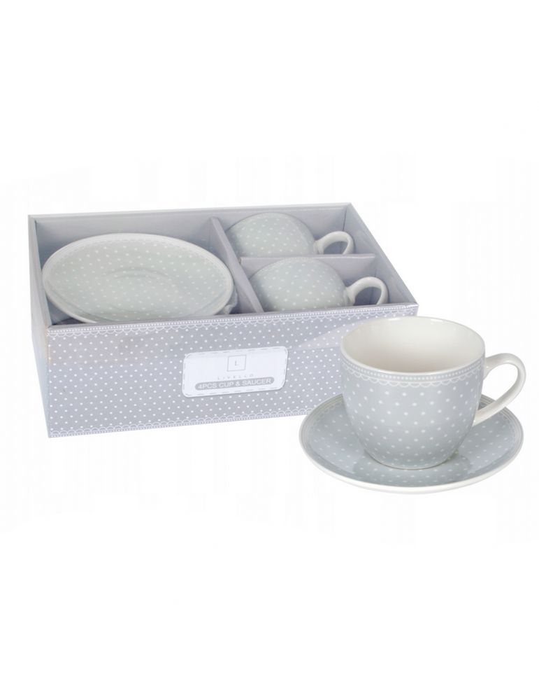 Zestaw 2 filiżanek ze spodkami szare w białe kropeczki 250ml/14cm