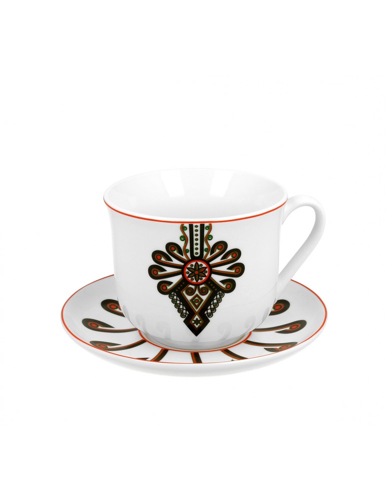 Filiżanka jumbo ze spodkiem z motywem haftu parzenicy na kawę herbatę porcelana 470ml